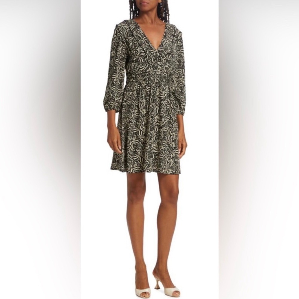 ba&sh Lia Cady Black Cream Abstract Print V Neck Smocked Waist Mini Dress Size m